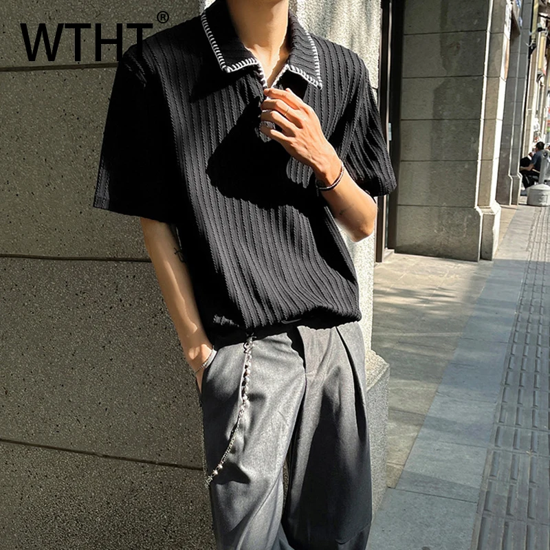 

WTHT Fashion Men's Striped Texture Knit Loose Shirts Trendy Casual Short Sleeves Turn Down Collar Tops Male 2025 Summer 2A1275