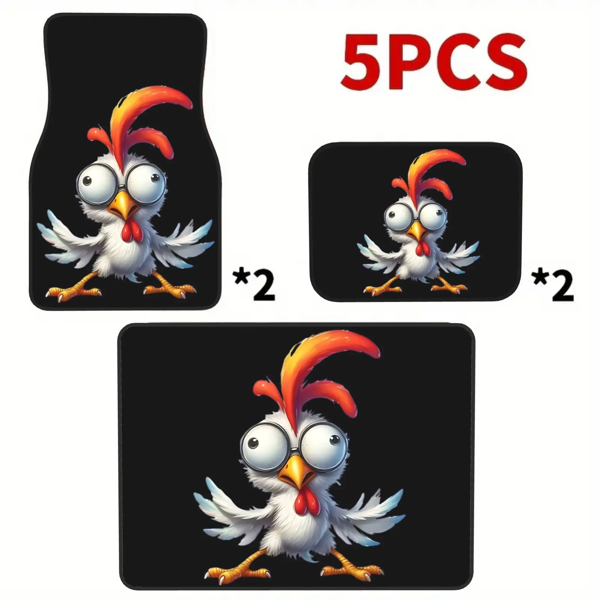 2D Flat Printing 5pcs Cartoon Chicken With Big Round Glasses Printed Car Mats Set (4 Floor Mats + 1 Trunk Mat), Made Of Durable