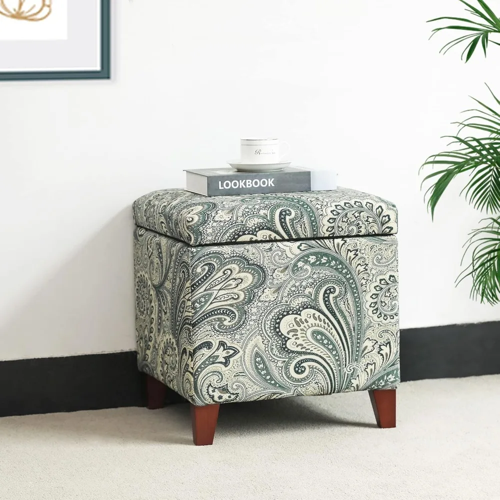 

18 Inch Footstool with Storage Function, Paisley Linen Chair Footstool, Soft Cushion Dressing Stool with Hinged Cover