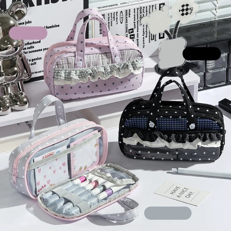 Multiple Sections Polyester Pencil Case with Zippered Closure, Dotted Pattern Ruffled Pencil Bag with Carry Handle 896C