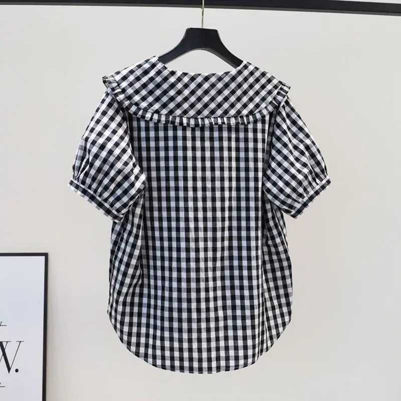 Casual Commuting Black White Plaid Doll Neck Shirt for Women 2024 Korean Version Lazy Style Retro Loose Short Sleeved Trendy Top