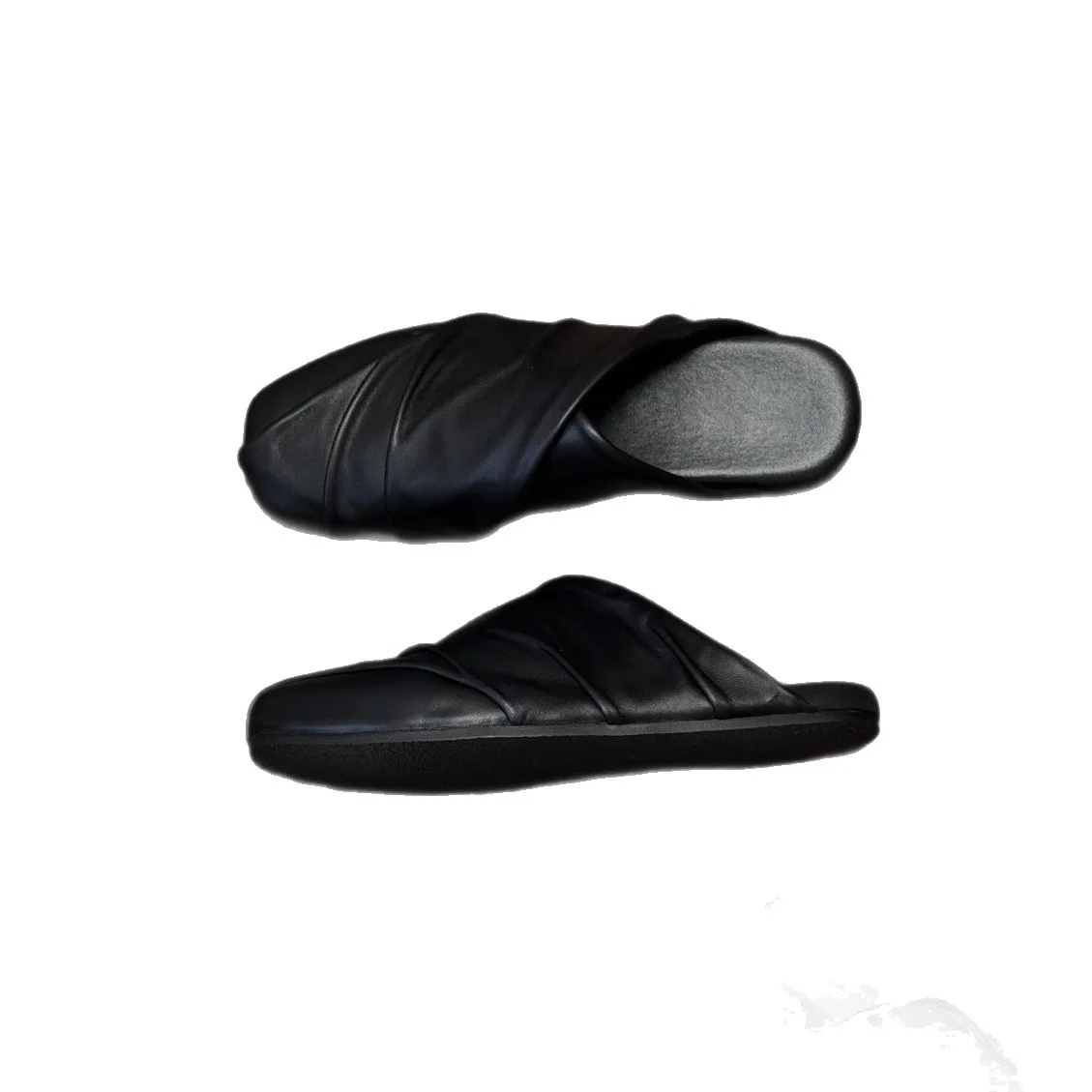Black Vintage Leather Shoes Single Shoes Light Ruched Mules For Women New Commute Square Toe Slip On Flat Closed Toe Footwear