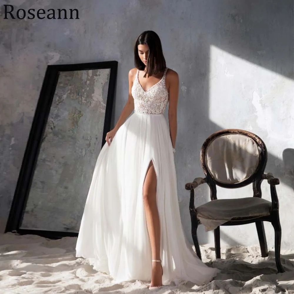 Customized Sexy Wedding Dresses V Neck Sparkling Sequins Lace Chiffon Bride Dress Side Slit Beach Bridal Gowns Vestidos de Novia