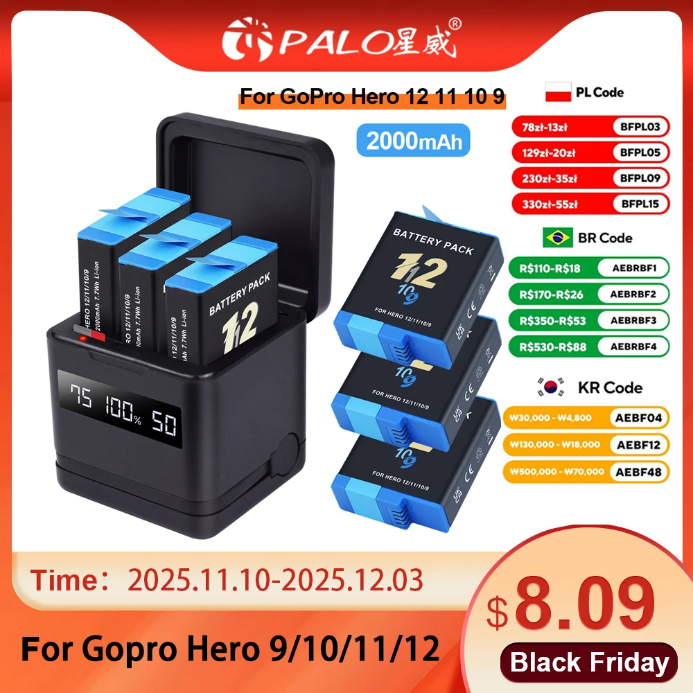 PALO Battery for GoPro Hero 12 11 10 9 2000mAh Battery+LCD 3 Ways Fast Charger Box TF Card Storage for GoPro Hero Accessories