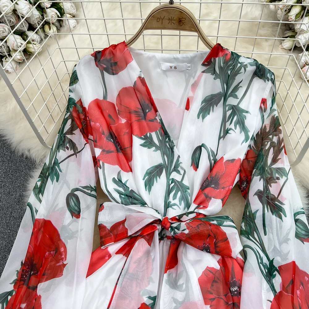 Floral Long Sleeves Clothing Casual Sweet Women Fashion Elegant A Line Party Female Chic Vestido V Neck Lantern Bandage Dress