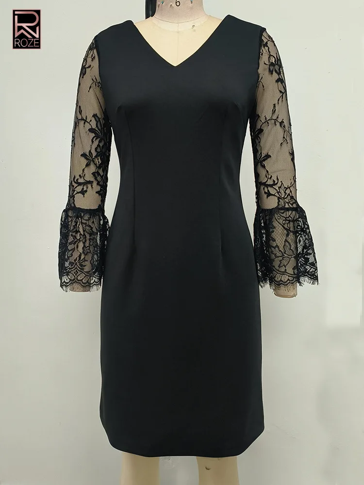 

New Arrival Women’s European American Style Lace Mesh Paneled Flared Long Sleeve V-Neck Mini Dress Elegant Casual Party Gown