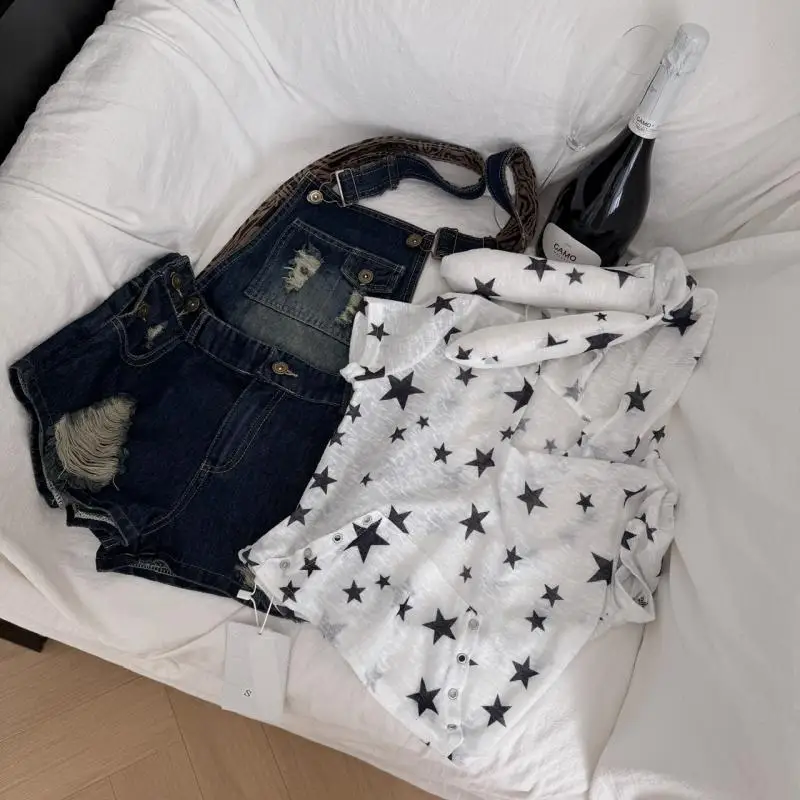 Harajuku Y2k Short Sleeve Top Rabbit Ears + Overalls Two-Piece Sets Women Casual American Star Print Streetwear Spring Summer