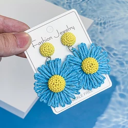 Handmade Sun Flower Raffia Bead Earrings For Women Girl Bohemian Colorful Rattan Knit Earrings Summer Party Jewelry Gifts