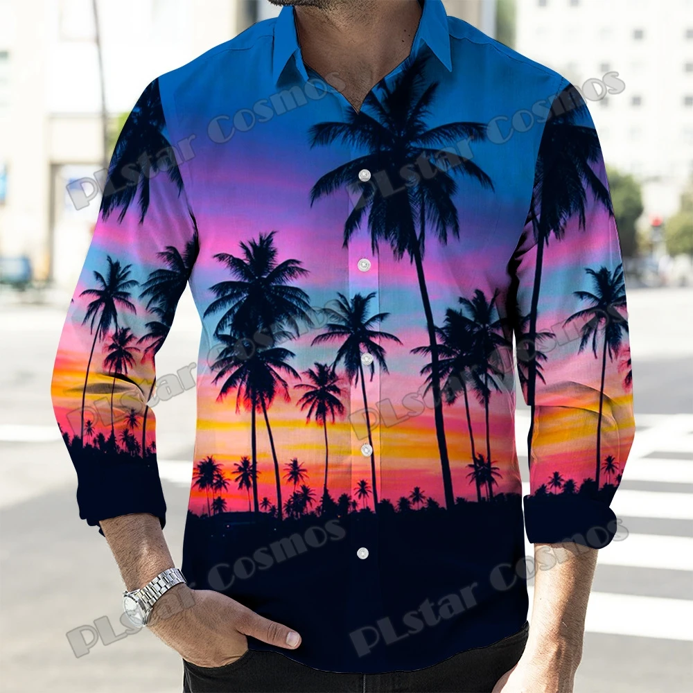 PLstar Cosmos Palm Trees at Night 3D Printed Fashion Men's Long Sleeve Button Down Shirts Spring Casual Lapel Shirt CXS39