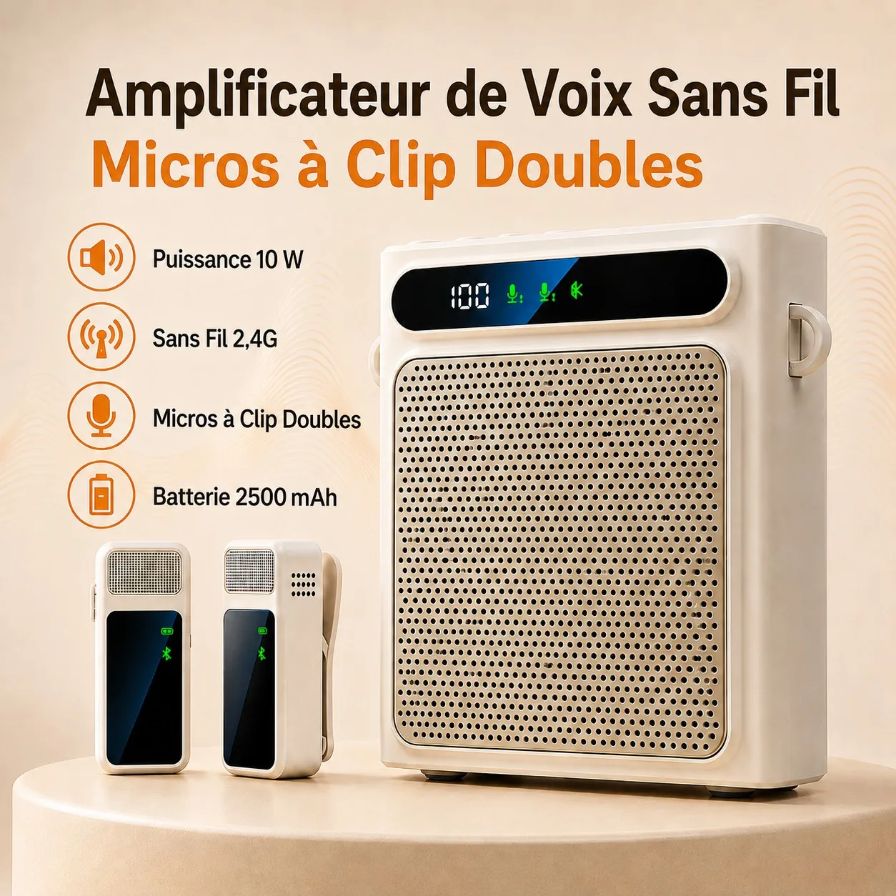 Amplificateur vocal portable pour enseignants, haut-parleur Bluetooth sans fil à double micro à clip 2500 mAh pour les réunions en classe, les excursions