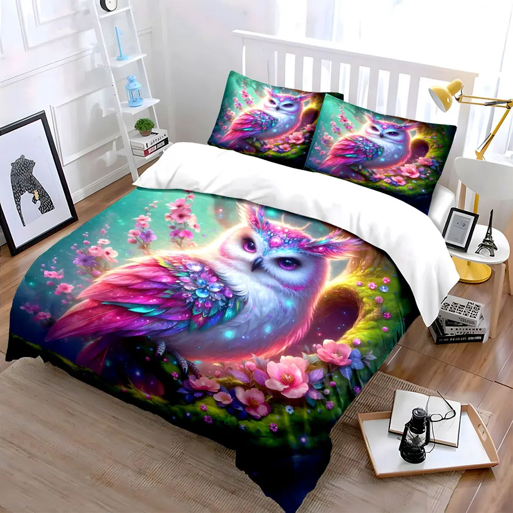 Dreamy owl with jeweled feathers Bedding Set for Kids Luxury Gift 3pcs Digital Print Comforter Set Soft Comfortable Breathable
