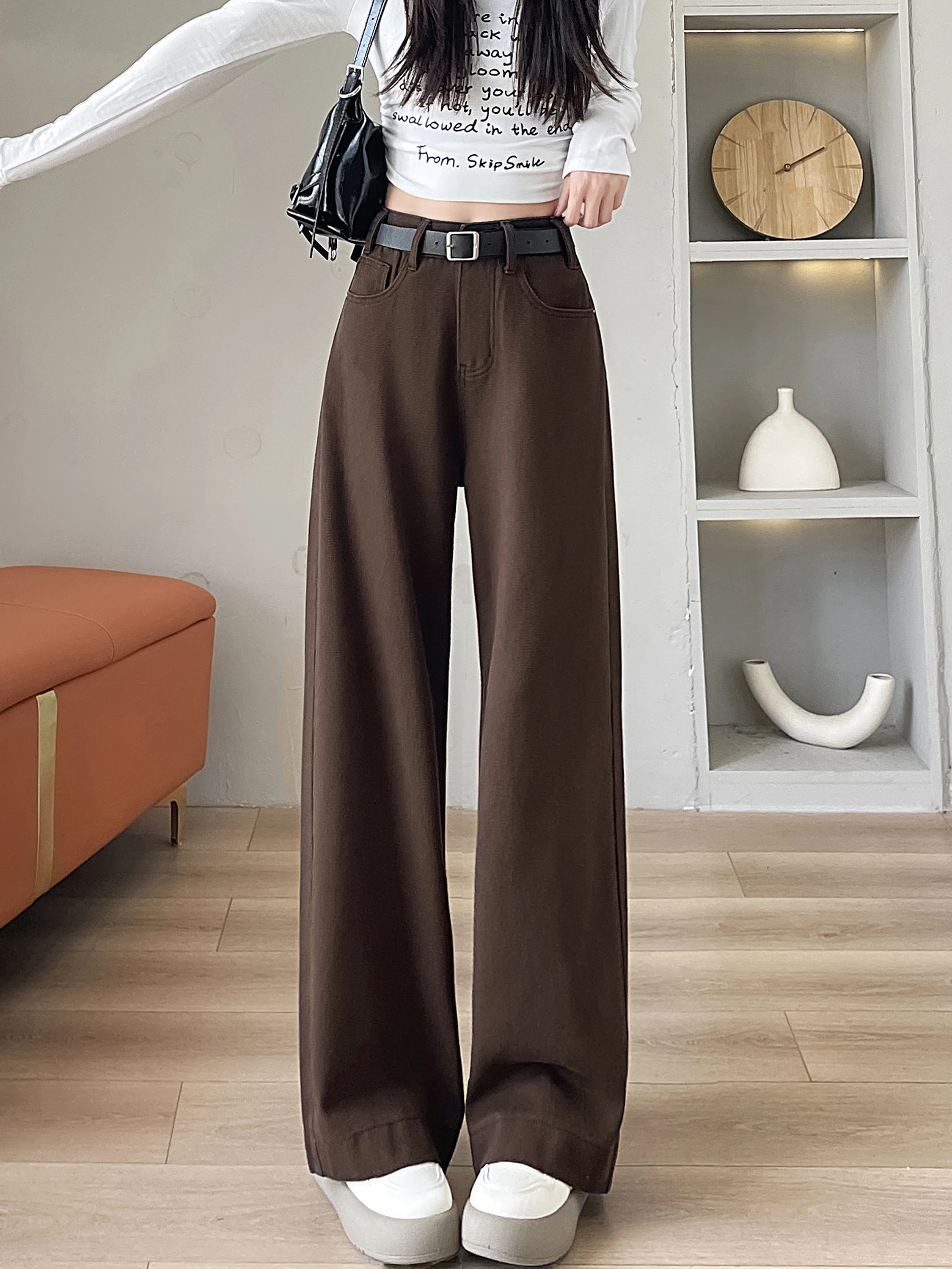 Hohe Taille Thiened Fce Gefüttert Kaffee Farbe Denim Hosen frauen Winter Neue Sle Lose Bodenlangen Breite Bein Hosen