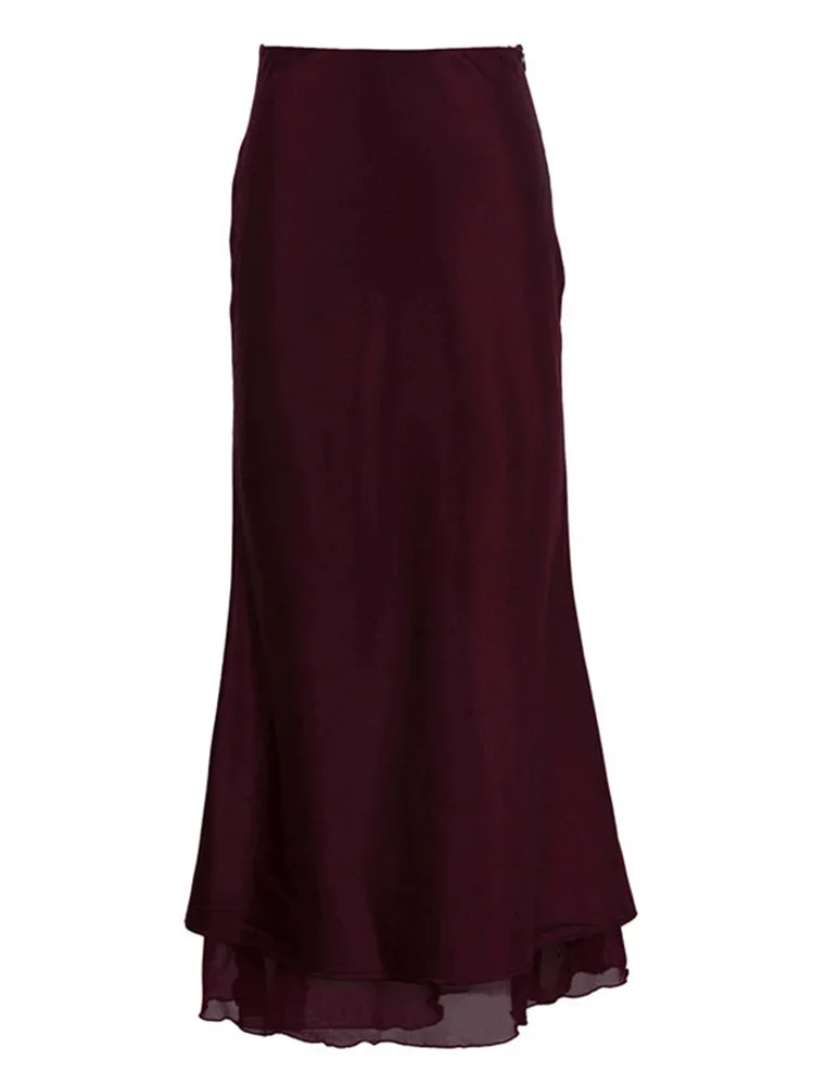 BluWin Satin Ruffled High Waist Long Skirt Female Patchwork Solid Elegant Commute Streetwear Women's Summer 2025 New Maxi Skirt