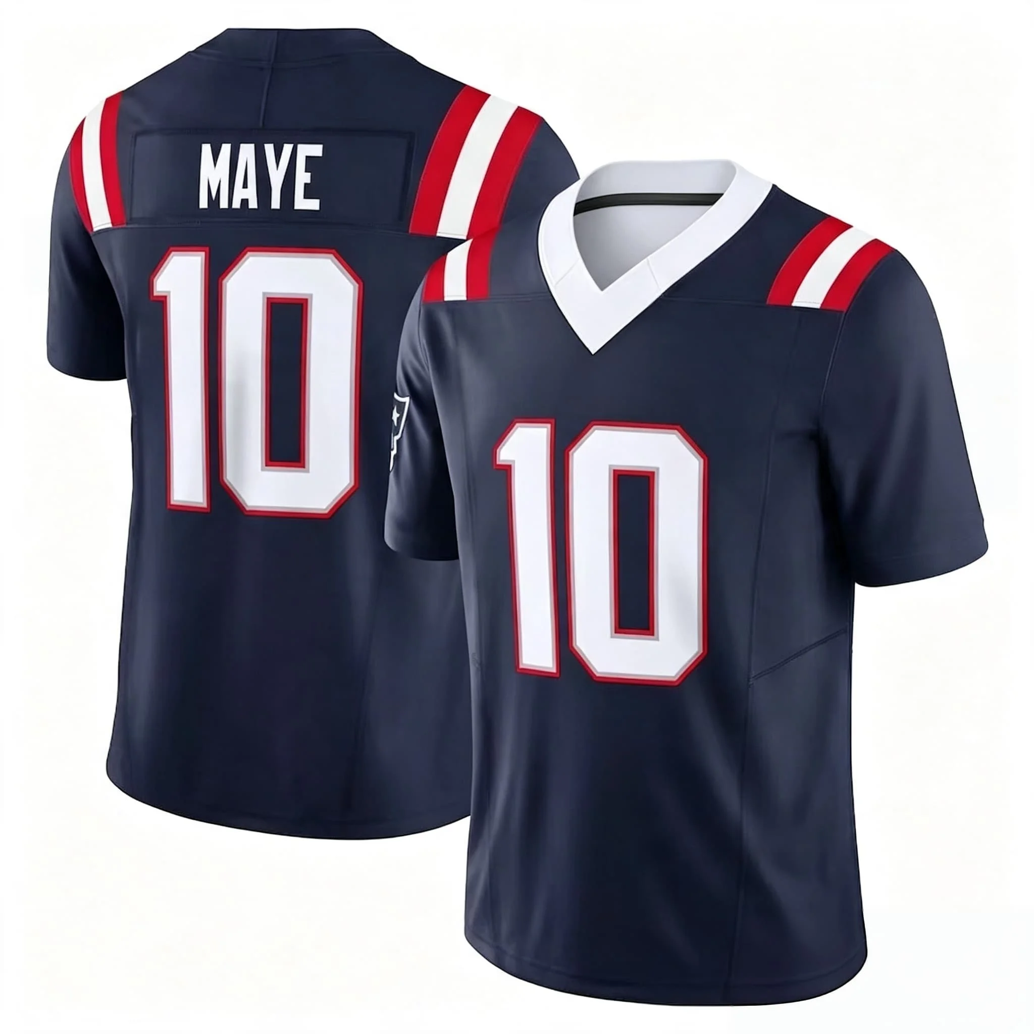 Men #10 Maye Navy Home Football Jersey Red White Striped Shoulder V Neck Short Sleeve Fan Game UniformFamily Matching