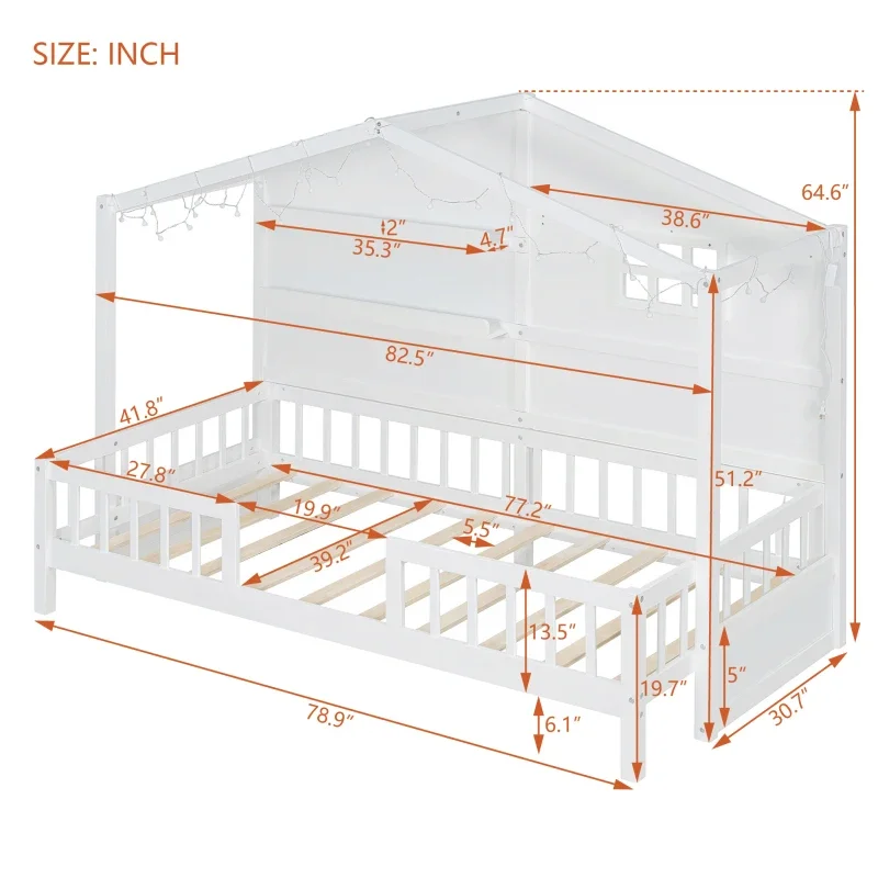 Cama Twin Size House com Prateleiras, Janela e Tira de Luz Espumante no Telhado, Branca