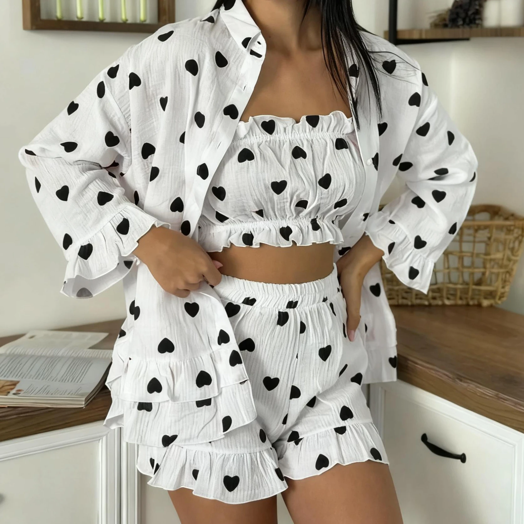 Spring 2026 New Heart Print Short Pants 3 Piece Set, Halter Top and Shorts + Long Sleeve Coat Three-Piece Set