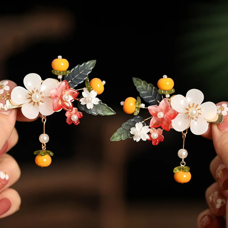 

Persimmon Shaped Hair Clips 2PCS Chinese Style Girls Hairpin For Hanfu Decor Retro Pearl Flower Barrettes Cute New Year Headwear