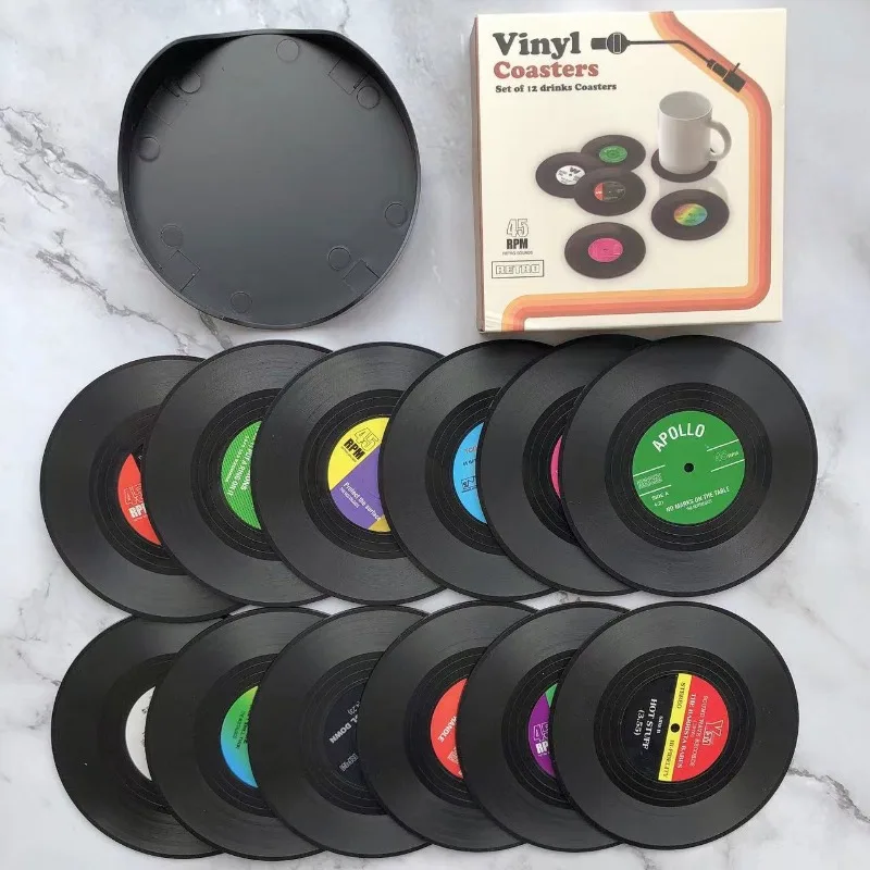 Vintage Record Coaster Coffee Coaster Anti Slip and Heat Insulation Black Rubber Placemat Desktop Display Desk Home Decoration