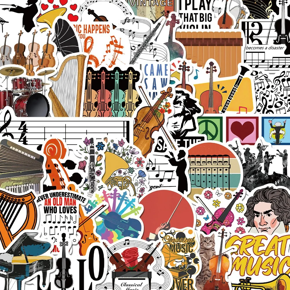 

10/52PCS Cartoon Musical Instrument Graffiti Sticker DIY Decoration Mobile Phone Case Notebook Water Cup Toy Gift Sticker
