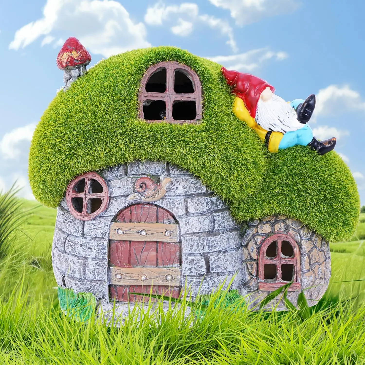 Outdoor Garden Solar Statue Light, House Garden Statues with Solar Lights, Garden Resin Gnome Flocked Fairy House Decoration Statue Light, for Patio Porch Balcony Yard Lawn Home Decor