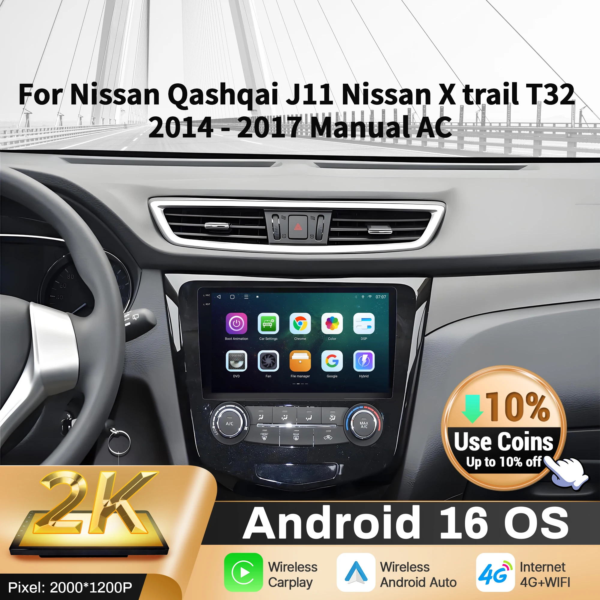 

10-дюймовый автомобильный радиоприемник Android 16 для Nissan Qashqai J11 Nissan X trail T32 2014-2017, ручной AC BT Carplay, мультимедийный экран 2K QLED