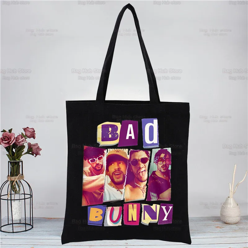 Un Verano Sin Ti Bad Bunny Maluma Canvas Black Shopping Tote Bag Reusable Yo Perreo Sola Shoulder Cloth Book Bag Gift Handbag