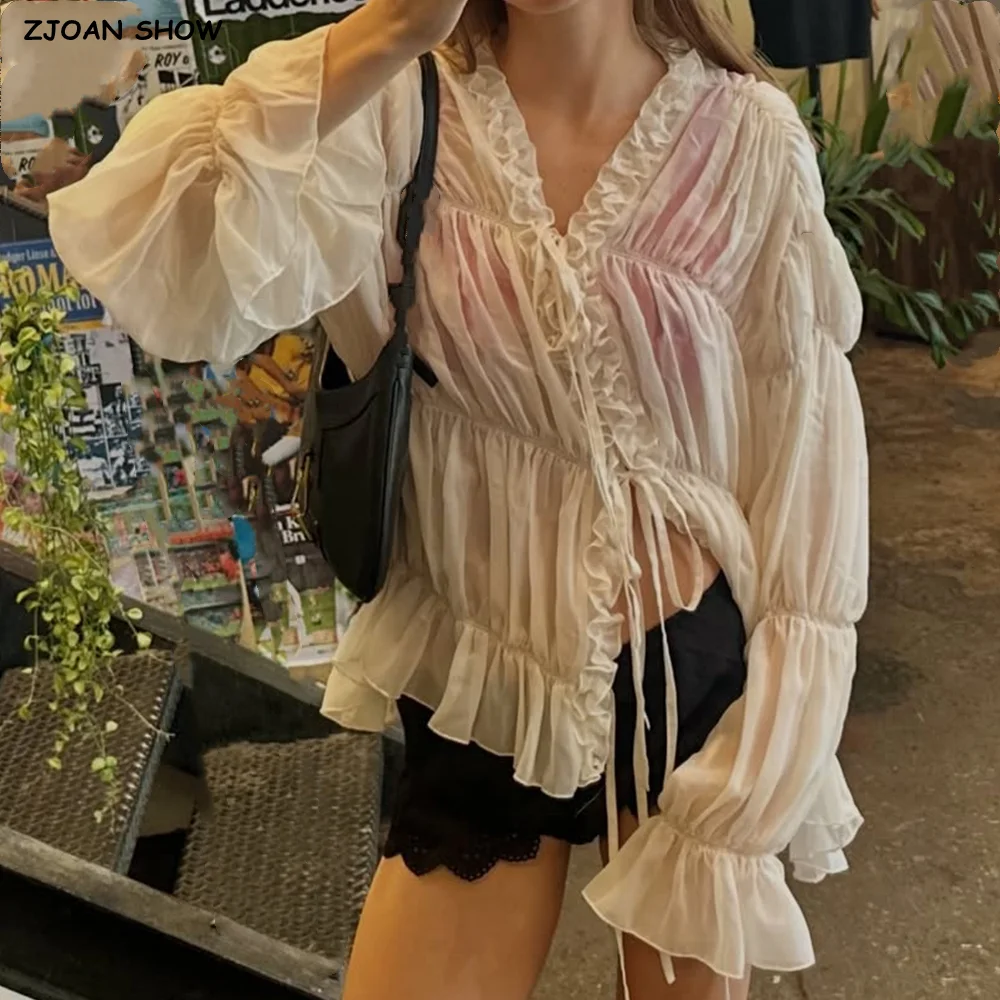 Holiday Women Bow Lacing up Front V Neck Ruched Lotus Root Long Sleeve Shirt Spring Summer Women Sheer Loose Chiffon Blouse Tops