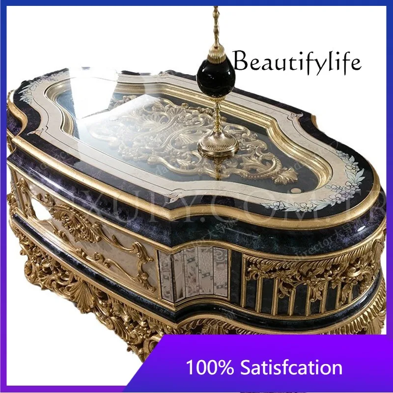 

European Solid Wood Carving Flower Coffee Table French Large Apartment Gold Painting Living Room Coffee Table Storage Table X