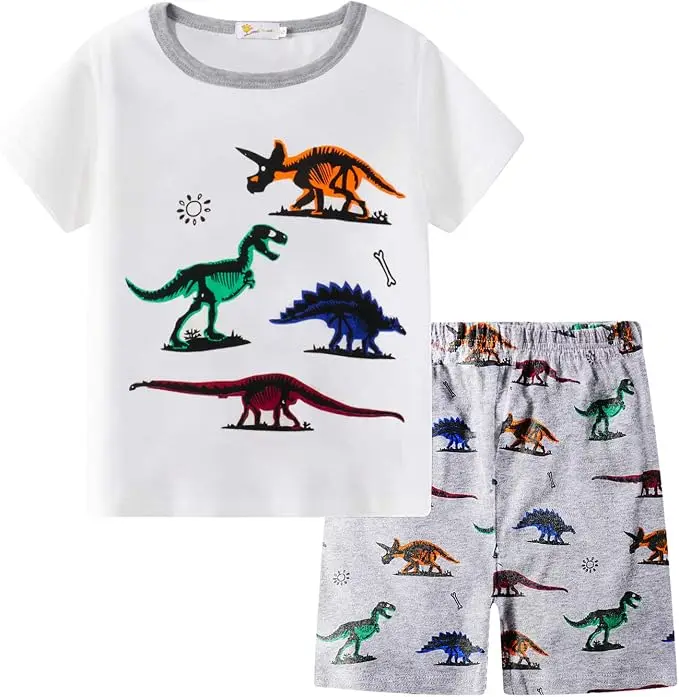 Little Hand Boys Summer Pajamas Pjs Dinosaur Pattern Short Sleeve Pjs Sets 100% Cotton Kids Loungewear Homewear for 2-7 Years