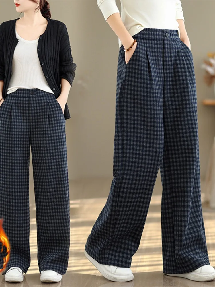미국 레트로 체크 울 스트레이트 팬츠 여성 겨울 하이웨이스트 슬림 캐주얼 바지 안감 있는 와이드 레그 팬츠