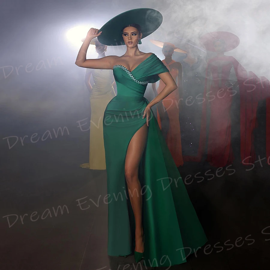 Robe de Soirée de Forme Sirène Verte pour Femme, Tenue de Bal Sexy à Manches Courtes, Fente Haute, Peu importe le Côté