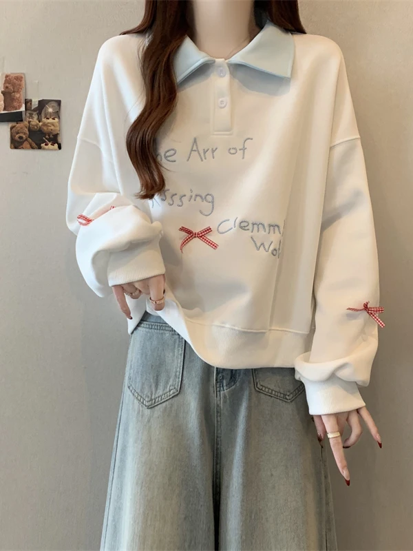 

plus Size Women's Neck Embroidered Sweatshirt Loose Fit Autumn Winter Knot Top High Waist A-Line Skirt Style