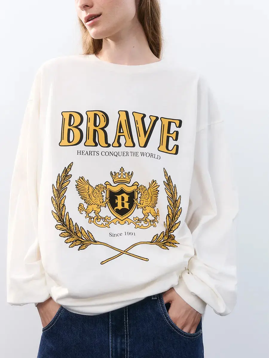 

America Brave Badge Ретро рубашки из чистого хлопка с длинными рукавами Тонкий свитшот Женская уличная одежда Топы большого размера Модная осенняя уличная одежда