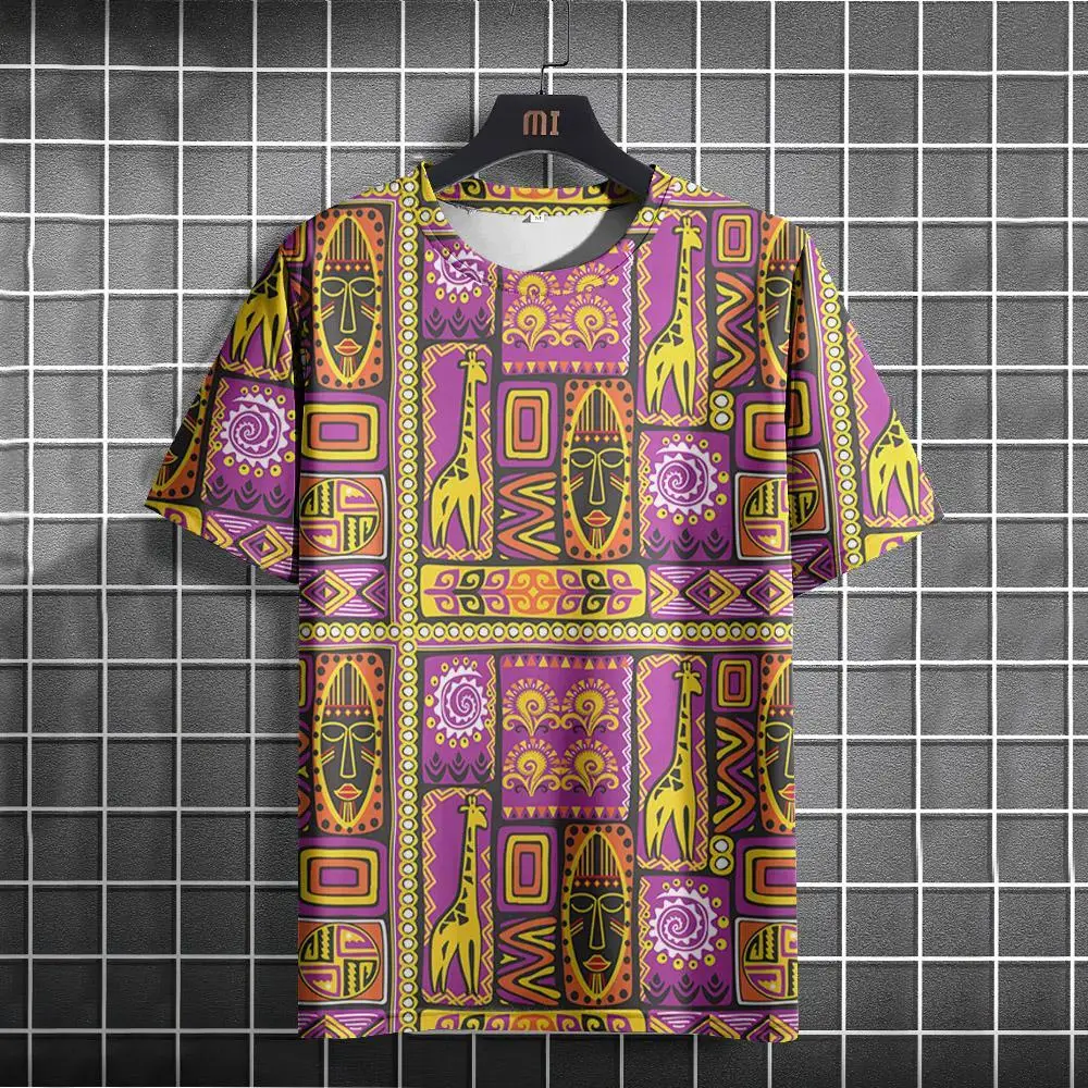 Men African Tribal Mask Giraffe 3D Print T‑Shirt Ethnic Purple Geometric O‑Neck Short Sleeve Casual Summer Streetwear Tee Tops
