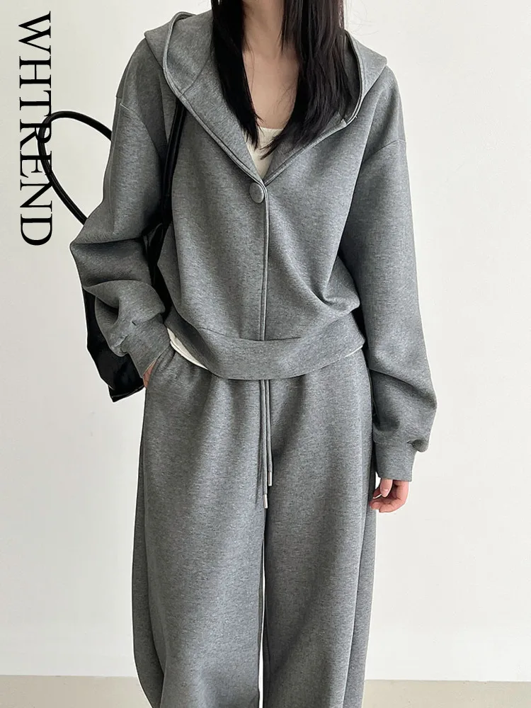 

WHTREND Свободная повседневная толстовка с капюшоном Топ + широкие брюки Комплект из двух предметов Женский модный спортивный костюм WH1599