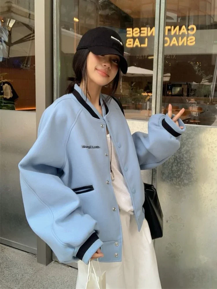 

Пальто Y2K, свободная женская повседневная верхняя одежда с длинными рукавами и надписью, осень-зима, американская синяя бейсбольная куртка, женская винтажная уличная одежда 2025