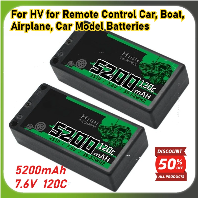 

5200mAh 2S 7.6V 120C Toys LiPo Battery Rechargeable for HV for Remote Control Car, Boat, Airplane, Car Model Batteries