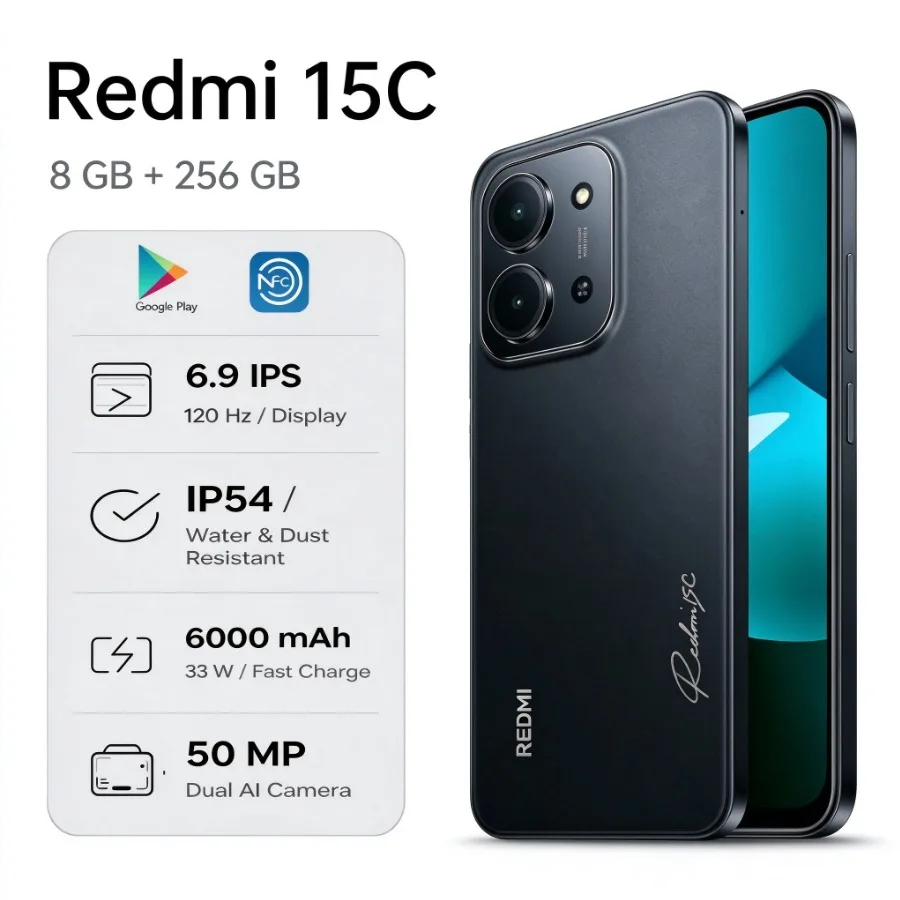 2026 Latest Redmi 15C Global Unlocked Smartphone 8GB RAM 256GB Storage Smooth Performance 6.88 Inch 120Hz HD Display