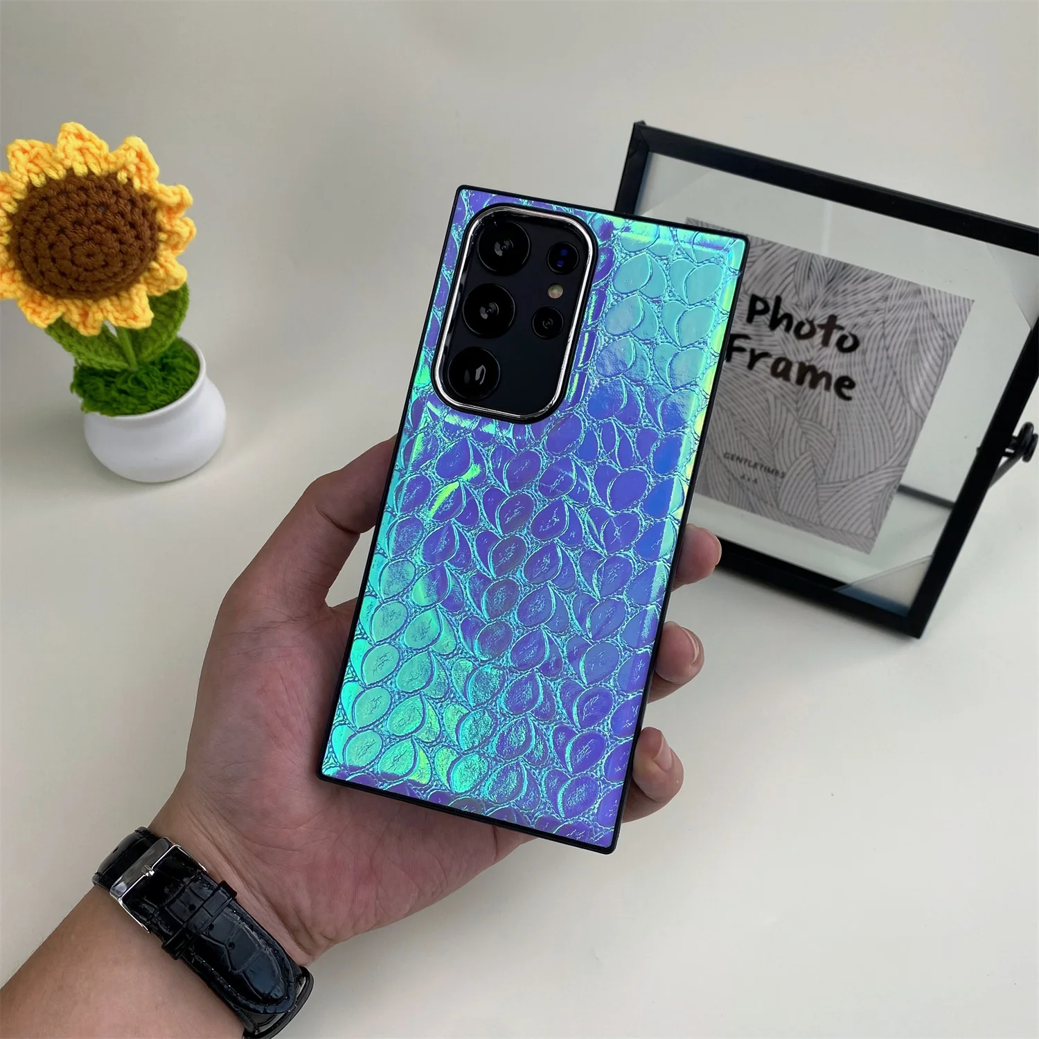 Laser Gradiënt Kleurrijke Bladpatroon Magnetische Telefoon Hoes Voor Galaxy S24 Ultra S22 S23 S24 Plus Microfiber Linning Verdediger Cover