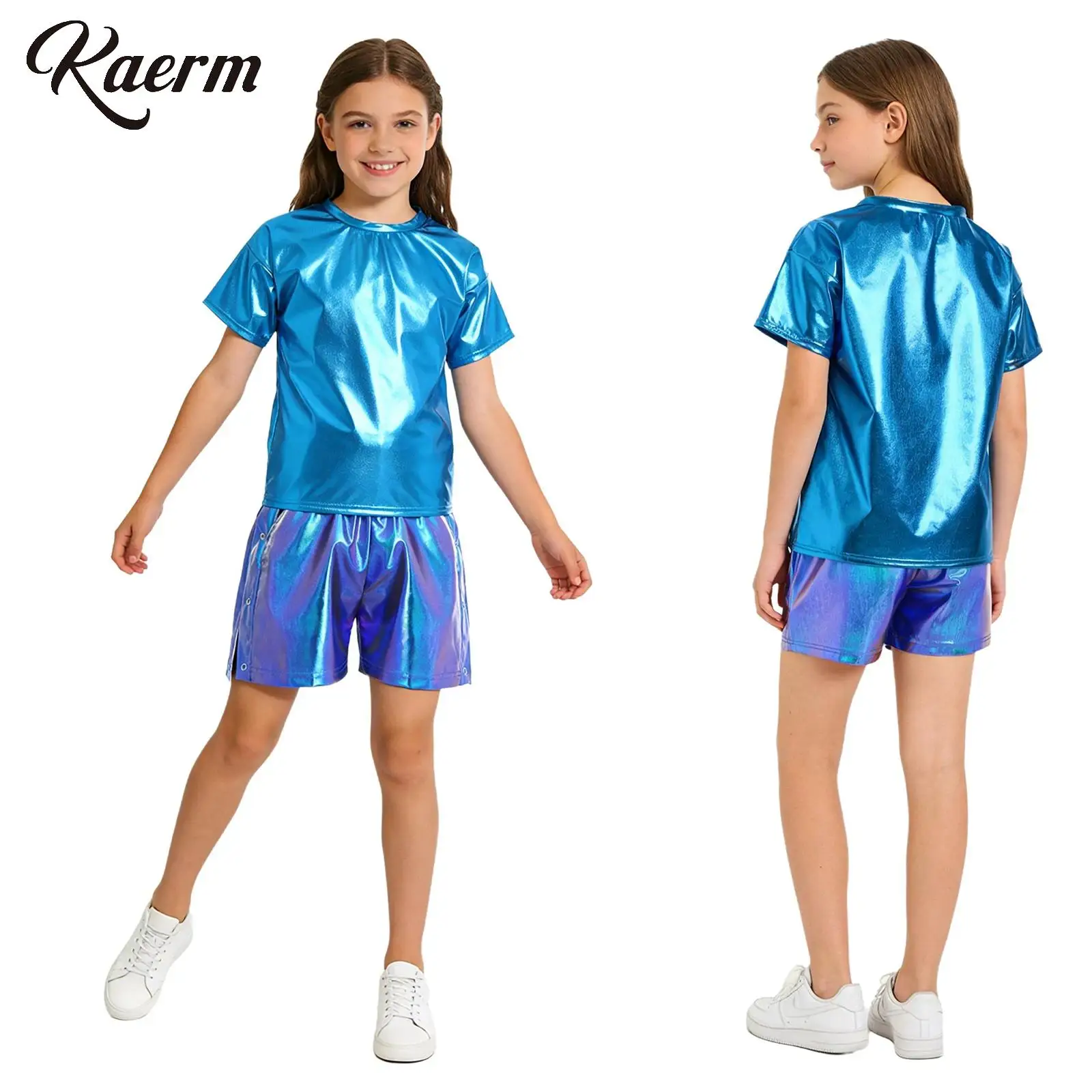 

Teen Girls Boys Shiny Metallic Hip Hop Jazz Dance Disco Rave Party Performance Costume Short Sleeve T-shirt Top with Shorts Suit
