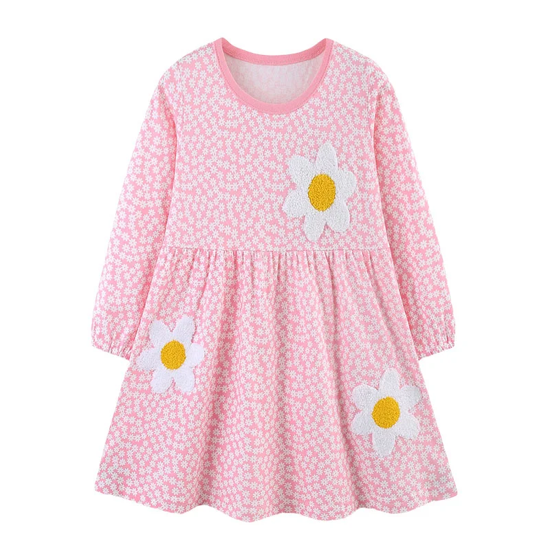 

Jumping Meters 2-7T Long Sleeve Flowers Girls Dresses Party Cotton Autumn Spring Fashion Children's Clothes Party Frocks