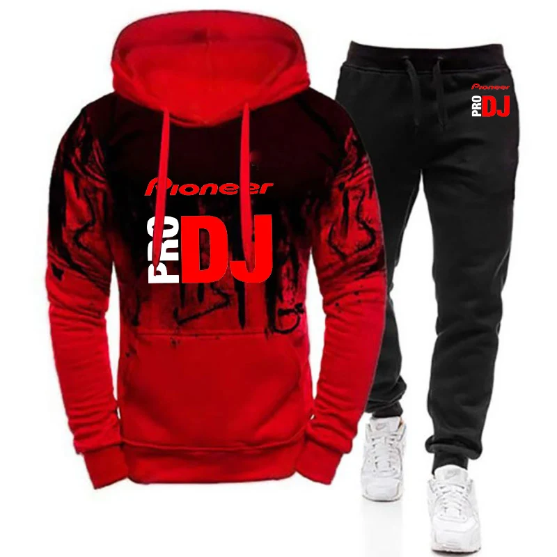 DJ Pioneer PRO Print Men's New Gradient Color Casual Set 2025 Spring And Autumn Drawstring Hoodies + Long Pants Suit
