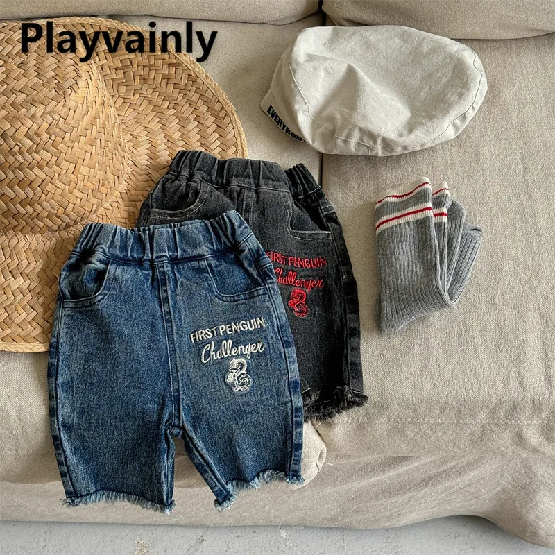 Korean Style Summer Baby Girls Skinny Denim Shorts Blue Black Letter Embroidery Short Jeans Children Versatile Half Pants A5212