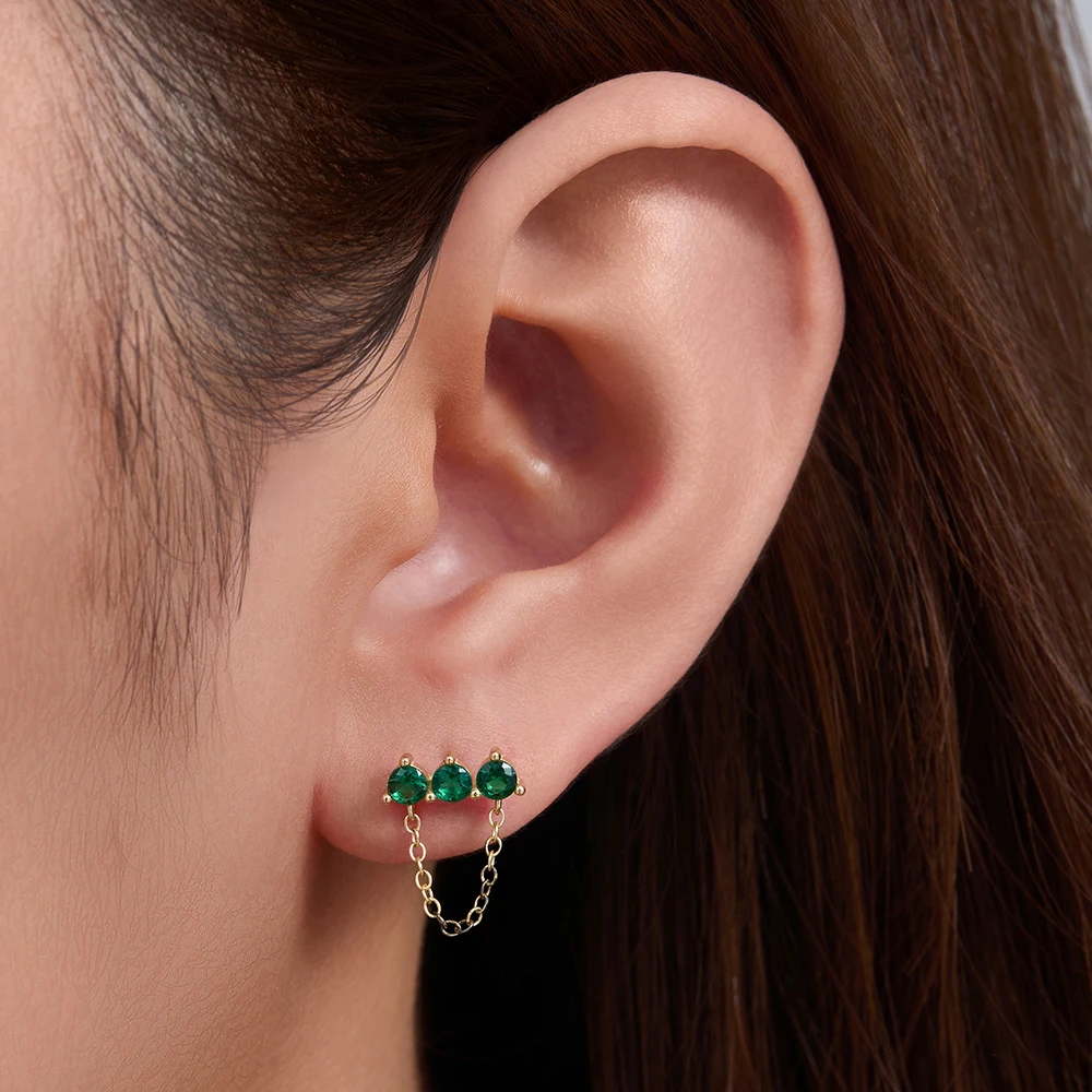 S925 Sterling Silver Ear Studs with Green Zircon Simplicity Personalized Chain Tassel Earrings Trendy Fashion Jewelry