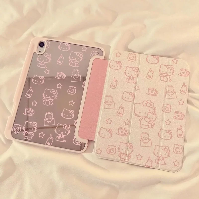 Kawaii Sanrio Hello Kitty IPad Case Cartoon Anime Acrylic Anti Drop Triple Fold 10.2 Inch 6 Air5 4 Anti Bending Cute IPad Cases