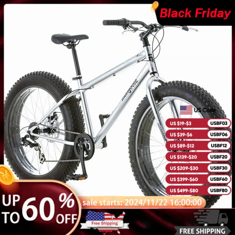 AQMongoose Malus Fat Tire Mountain Bike.4-Inch Wide Knobby Tires.Steel Frame.Speed Drivetrain.Rear Derailleur