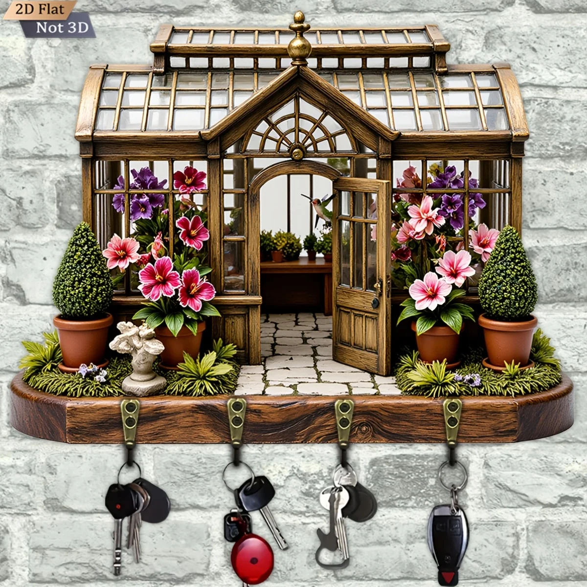 2D flach, 1 Stück, Retro-Blumenhaus-Schlüsselhaken, multifunktionaler Schlüsselanhänger aus Holz mit vier Metallhaken, Wanddekoration, Veranda
