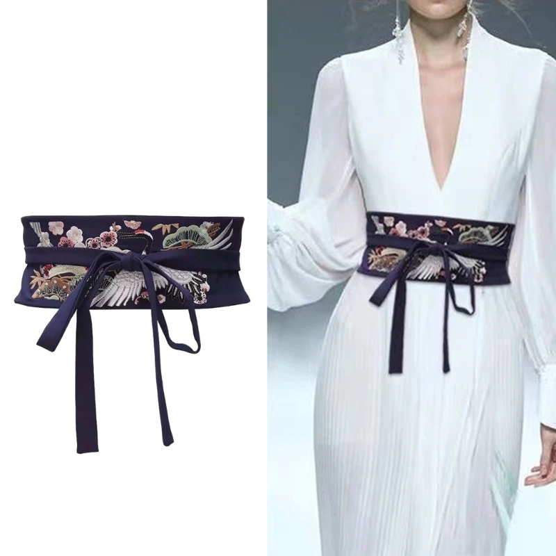 Chinese Han Dynasty Hanfu Clothing Waistband with Tassels Wide Tie Belt with Chinese Embroidery Crane Craft