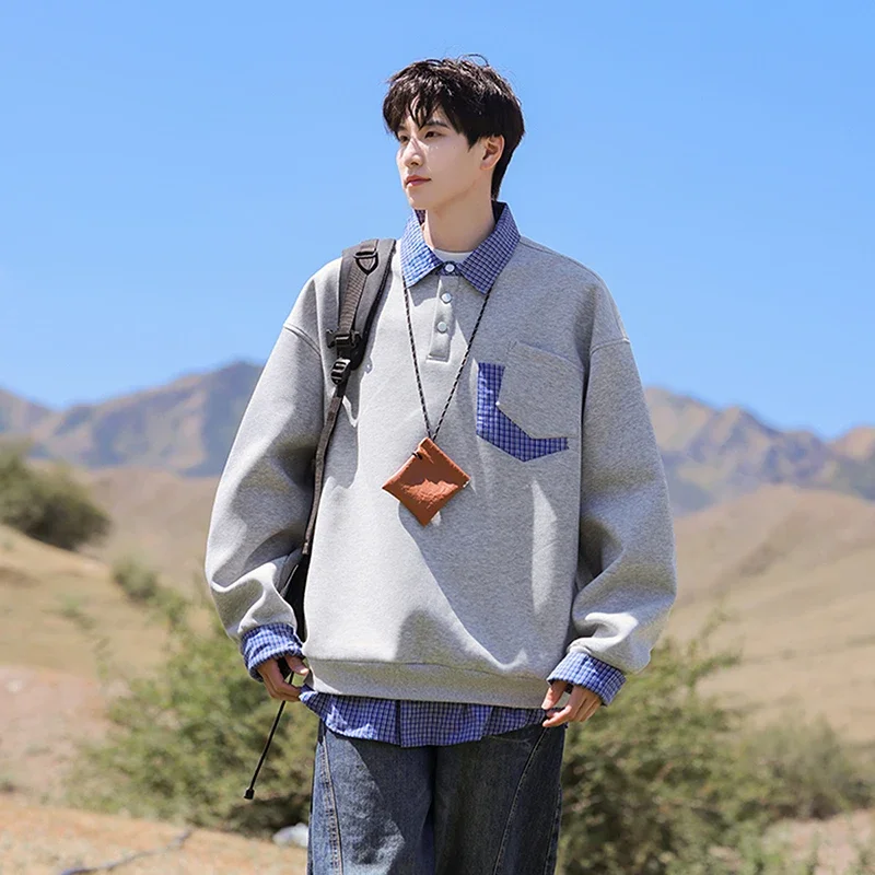 

Осенне-зимний тренд уличной моды, красивый мужской повседневный топ из двух предметов, спортивный повседневный удобный универсальный пуловер