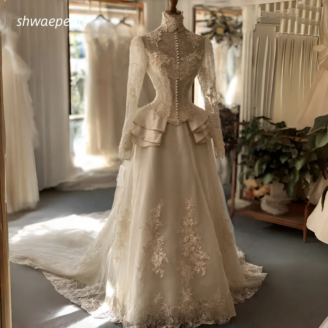 Vintage Victorian Wedding Dress High Neck Long Lace Sleeves Corset Peplum Floral Lace Champagne Bridal Gown Customized